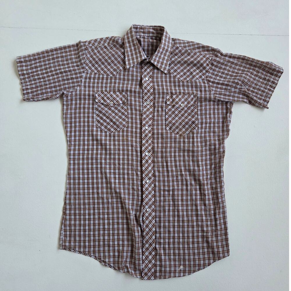 Vintage Western Pearl Snap Plaid Shirt Brown Blue Short Sleeve 23x29 XL